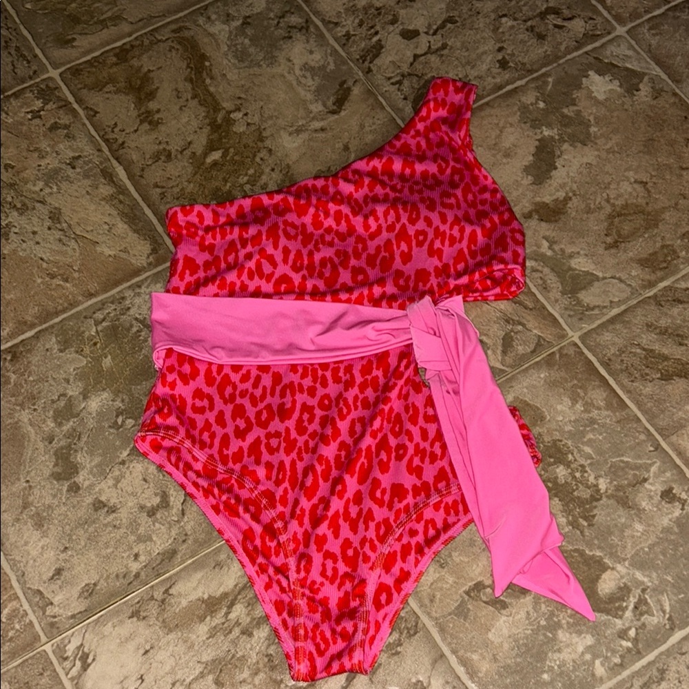 Pink Lily Red and Pink One-Shoulder Swimsuit